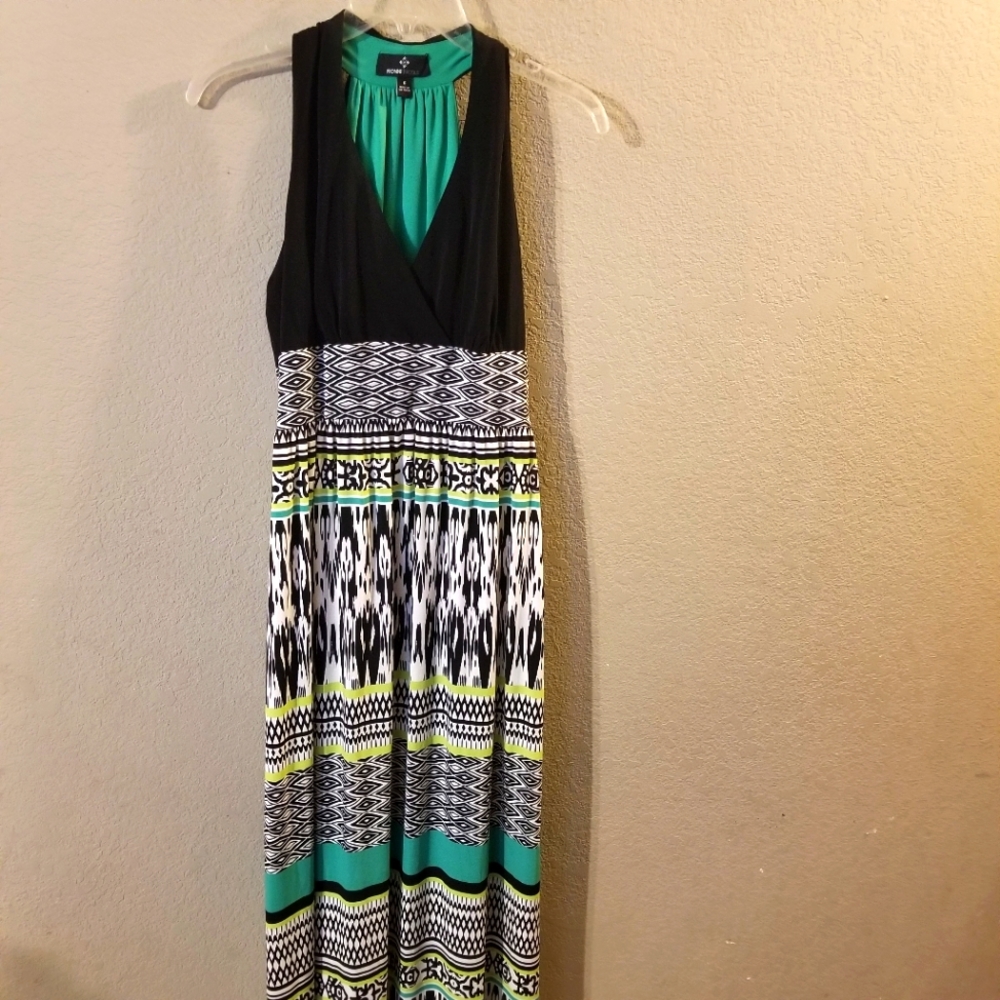 Ronni Nicole Womens Black/White/Green Aztec Print Sleeveless Maxi Dress Size 6